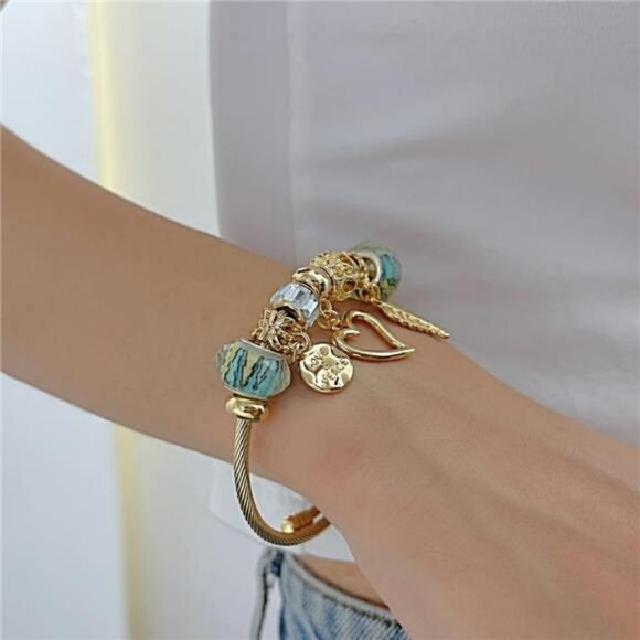 Gold Plated Charm Bracelet Adjustable Stainless Steel Cuff Cubic Zirconia Bangle - Picture 3 of 7
